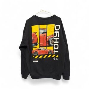 Bowery Supply Co Tokyo Drift Themed Charcoal Graphic Crewneck Sweater Large